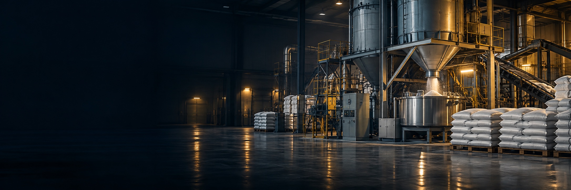 Illustrative raw material production facility with processing equipment and packaged materials