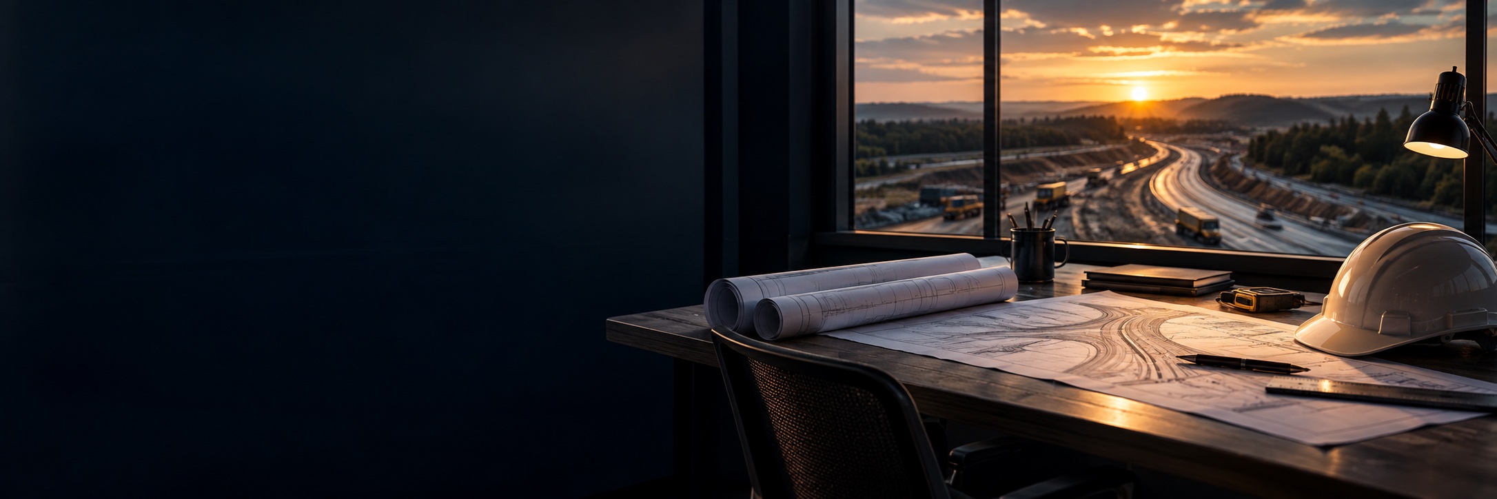 Illustrative road project planning desk with drawings and a highway view