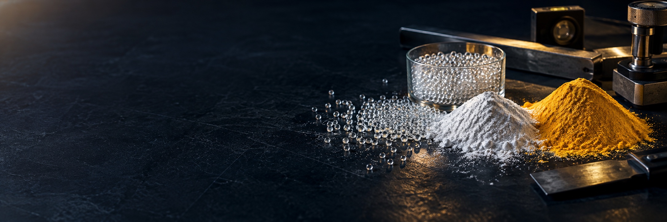 Illustrative road marking raw materials, glass beads and material evaluation tools